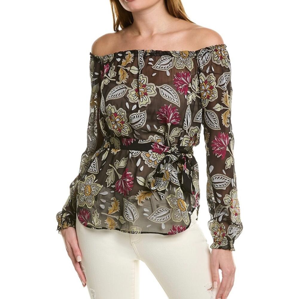 NEW Rag & Bone Sierra Silk Blend Long Sleeve Belted Black Floral Blouse MEDIUM